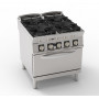 Cucina a GAS 4 fuochi con griglie in ghisa freestanding + forno gas statico GN 2/1. Dim.cm. 80x90x90H. -Potenza termica 36 Kw.